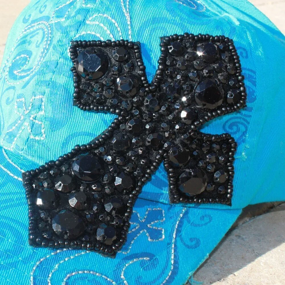 Women Blue Inspirational Cross Rhinestone Crystal Cap Hat Stud Decorative Cotton